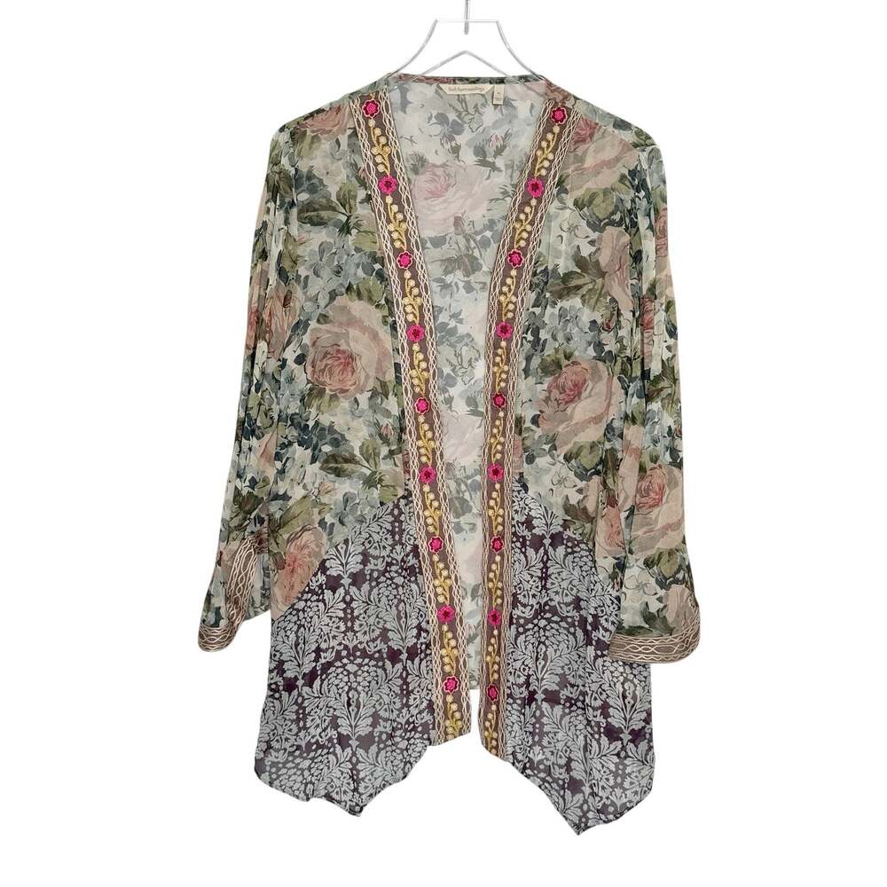 Soft Surroundings Embroidered Floral Sheer 3/4 Sleeve Topper Kimono XL Rose